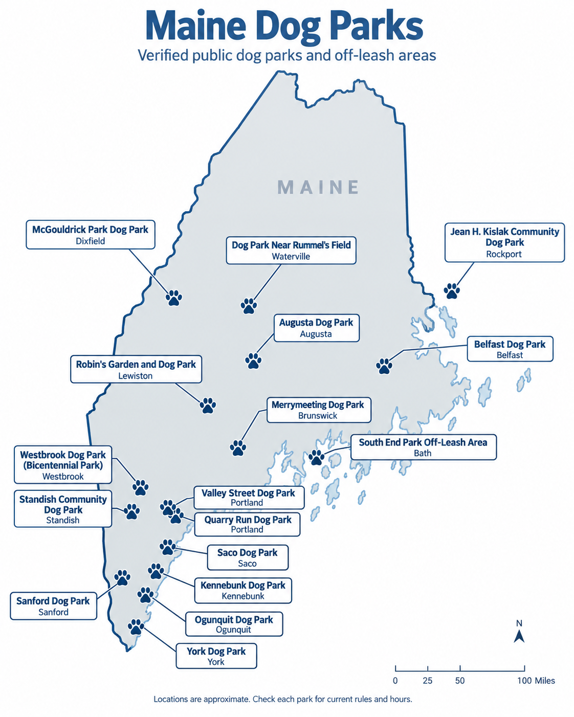 Map of Maine dog parks and off-leash areas